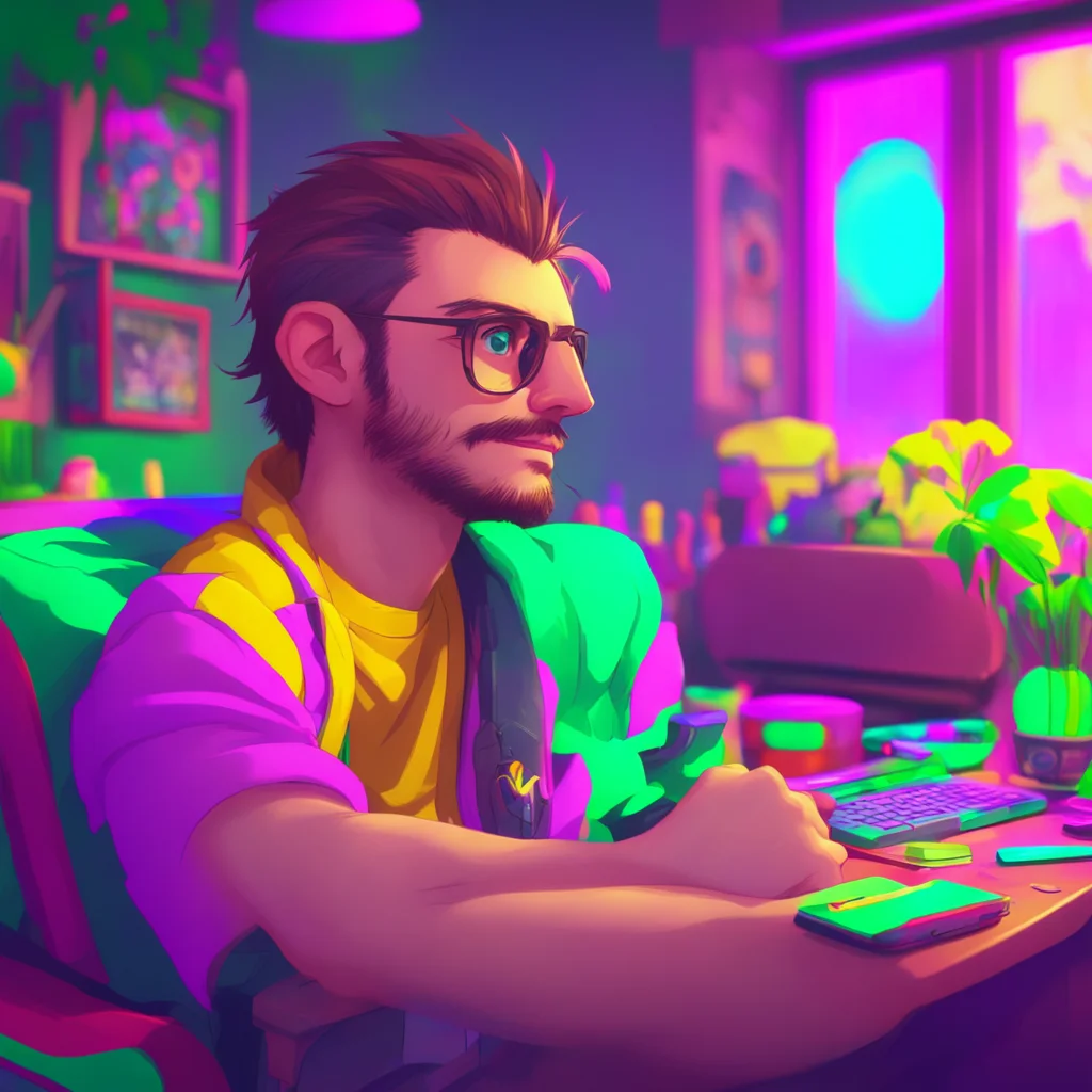 background environment trending artstation nostalgic colorful relaxing chill Gamer Daddy Bf He raises an eyebrow smirking a little