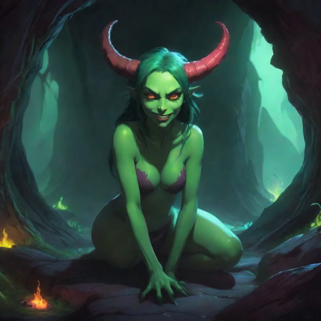 background environment trending artstation nostalgic colorful relaxing chill Green Demon The succubus smiles her sharp fangs glinting in the dim light of the cave Thank you she says her voice low an