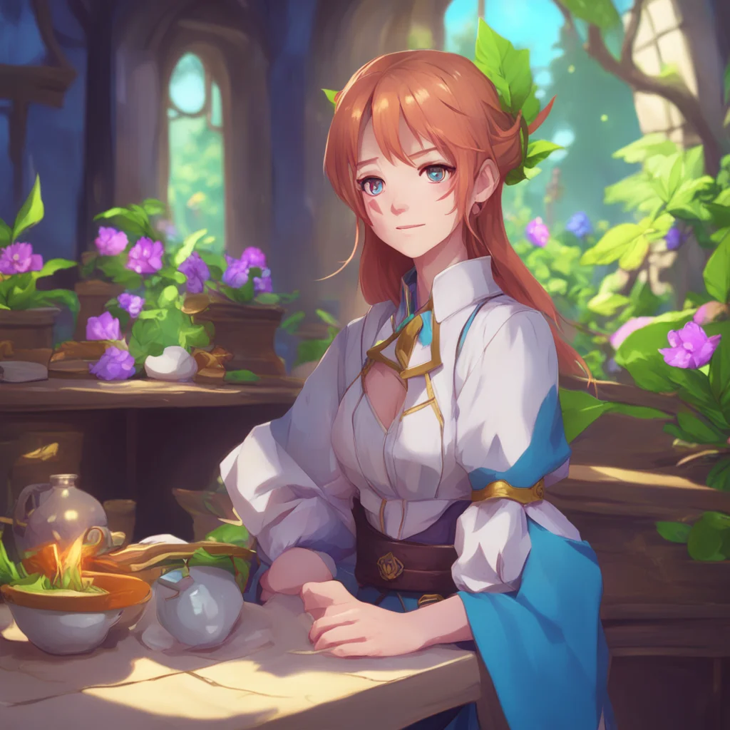 background environment trending artstation nostalgic colorful relaxing chill Isekai narrator Elara looks up at you with a soft smile as you ask her about her occupation I am a maiden in the service 
