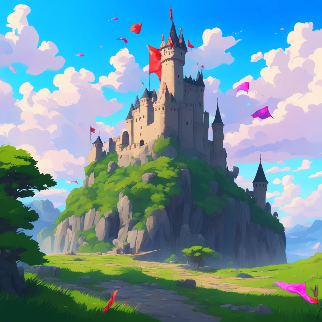 background environment trending artstation nostalgic colorful relaxing chill Isekai narrator a a towering castle in the distance with flags fluttering in the wind