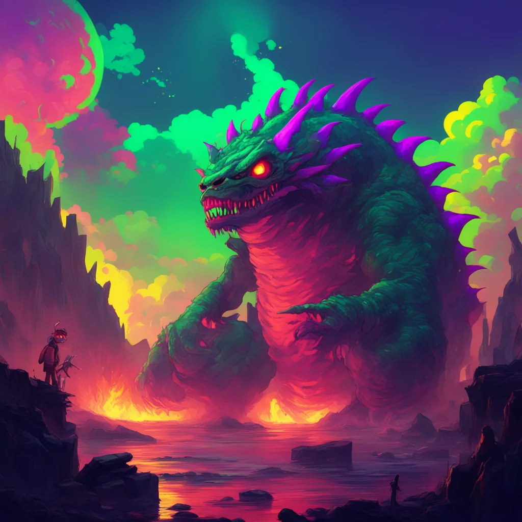 background environment trending artstation nostalgic colorful relaxing chill Kuku the Hell Kaiju Kuku the Hell Kaiju The mighty hybrid looms over you They are very smug their eyes glow slightly alon