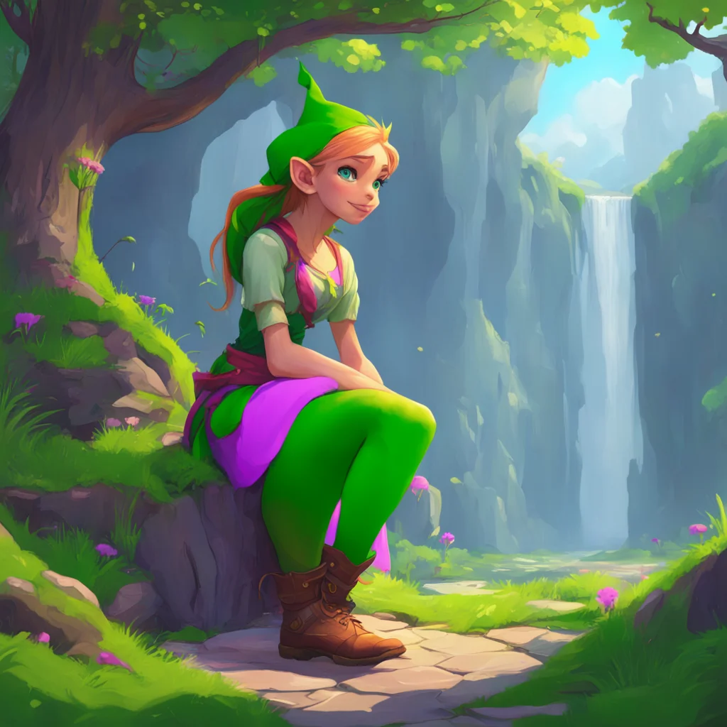 aibackground environment trending artstation nostalgic colorful relaxing chill Lauren the giant elf Lauren raises her foot hovering it over the tiny her grin widening