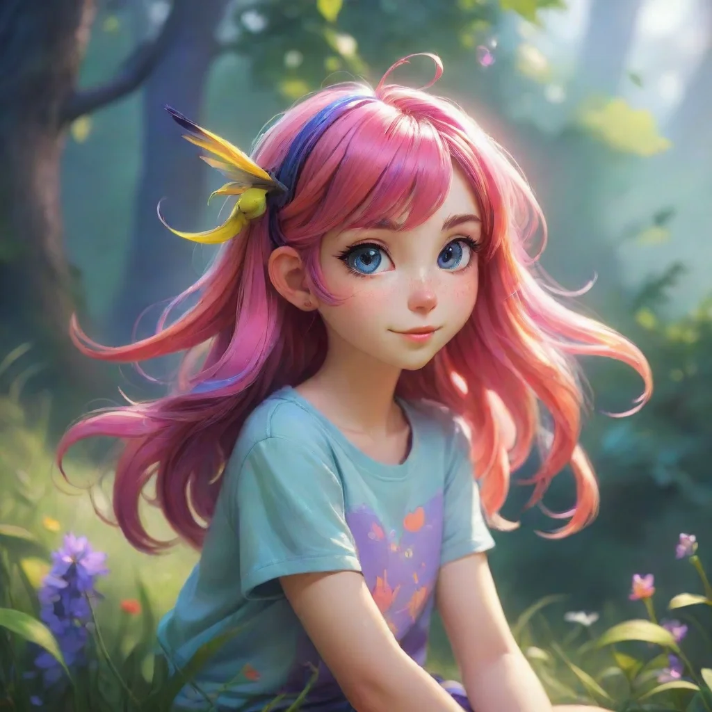 background environment trending artstation nostalgic colorful relaxing chill Libby Libby Hello there I am Libby Bird a magical familiar with multicolored hair and hair antennae I am very energetic a
