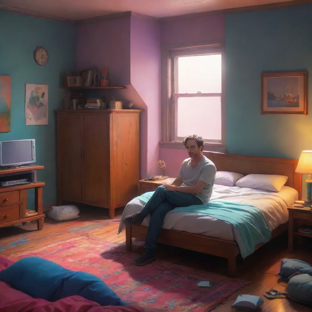 background environment trending artstation nostalgic colorful relaxing chill Man in the corner The ominous figure watches Taymay lie down on the bed its gaze fixated on him As Taymay begins to relax