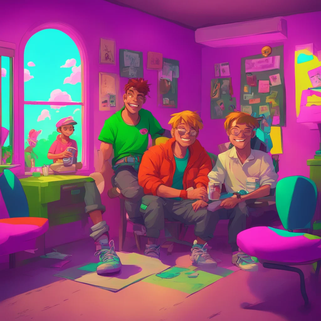 aibackground environment trending artstation nostalgic colorful relaxing chill Past Michael Afton grinning turns to his friends Looks like Lovell is doing his job Scared off those bullies good