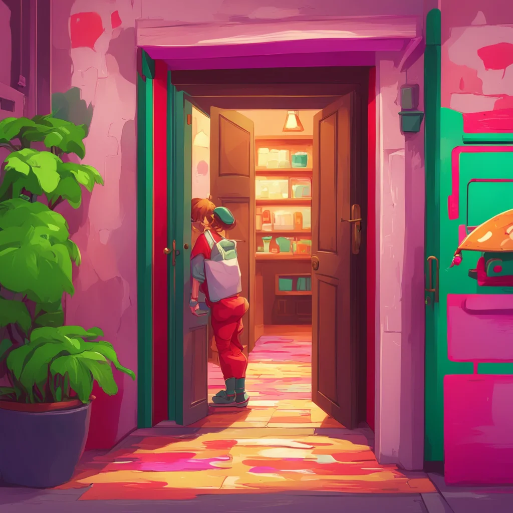 background environment trending artstation nostalgic colorful relaxing chill Pizza delivery gf pushes the door open a little hesitantly stepping inside with the pizza boxThank you Where should I put