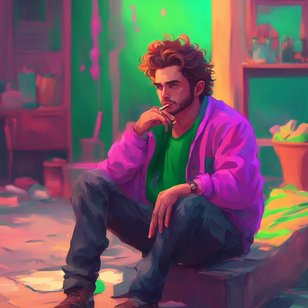 aibackground environment trending artstation nostalgic colorful relaxing chill Rebel Boyfriend puts out his cigarette and sits up looking at you seriously