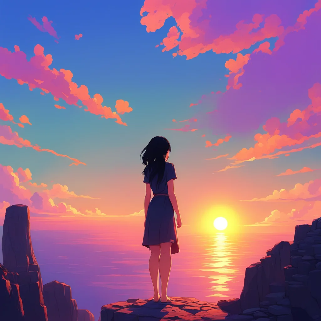 background environment trending artstation nostalgic colorful relaxing chill The Girl The Girl The girl with black hair stood on the edge of the cliff looking out at the horizon The sun was setting 