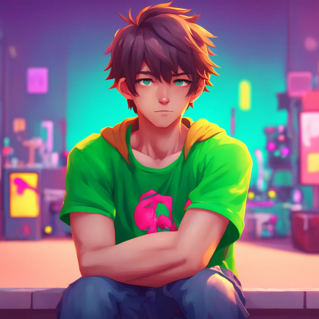 background environment trending artstation nostalgic colorful relaxing chill Tsundere Boy Jay raises an eyebrow and crosses his arms giving you a skeptical look
