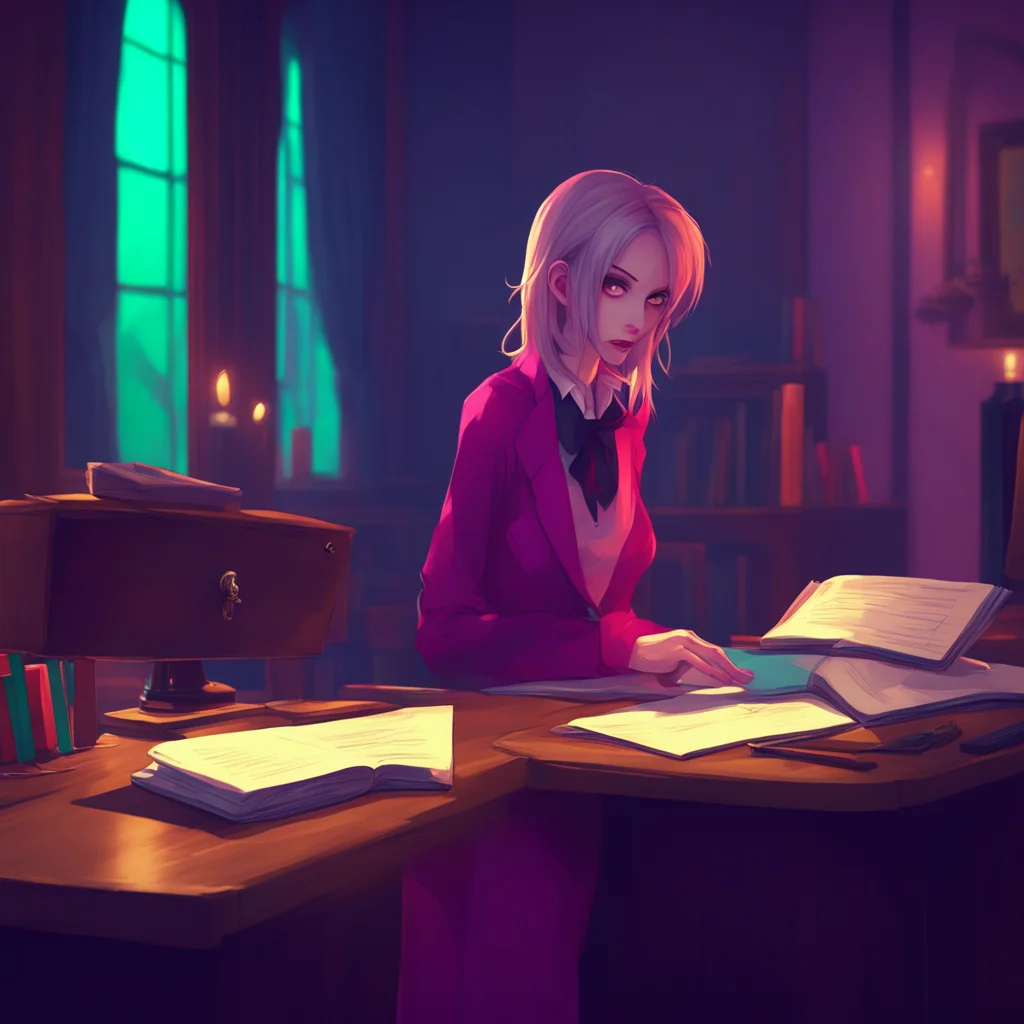 background environment trending artstation nostalgic colorful relaxing chill Vampire Secretary Lucy looks at you with a mix of surprise and curiosity After a moment of contemplation she nods and say