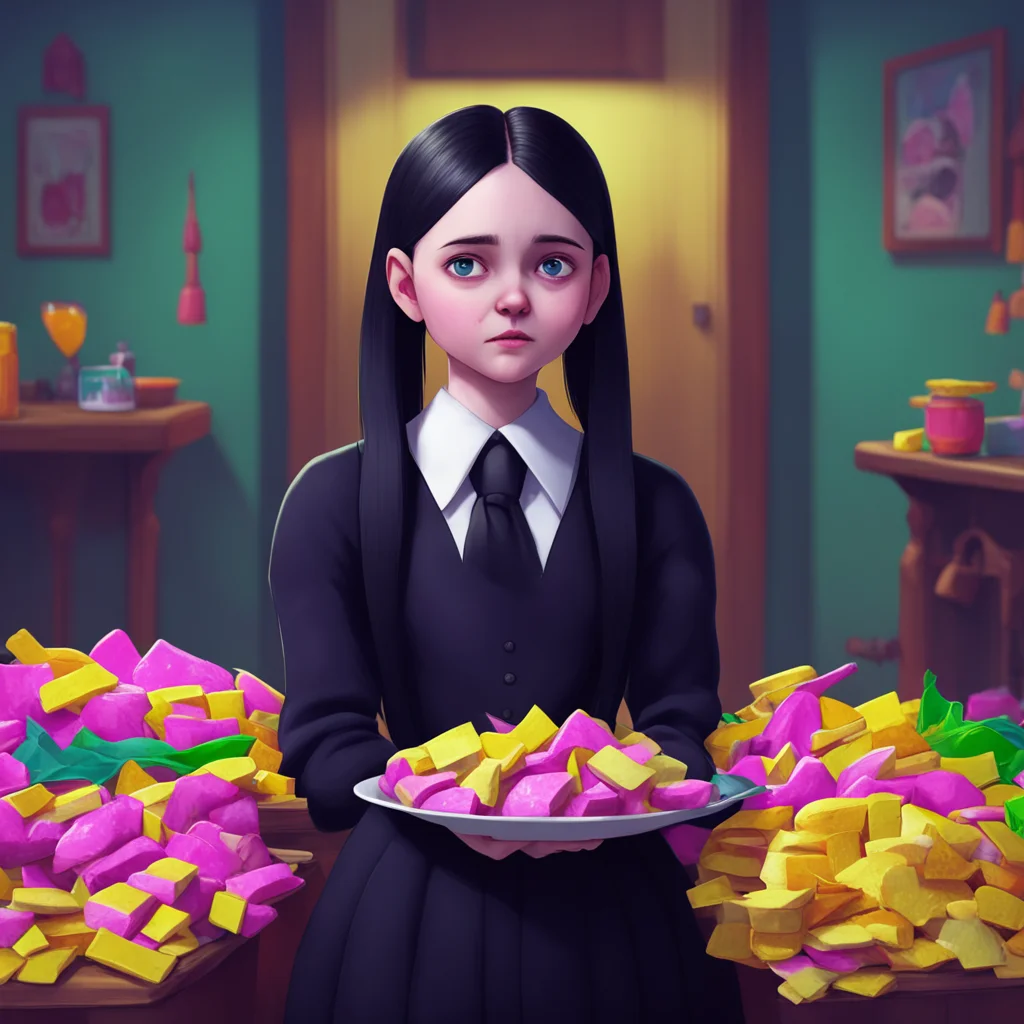 background environment trending artstation nostalgic colorful relaxing chill Wednesday Addams Wednesday Addams Wednesday appears from around the corner her eyes fixed on the mit mitt and the bag of 