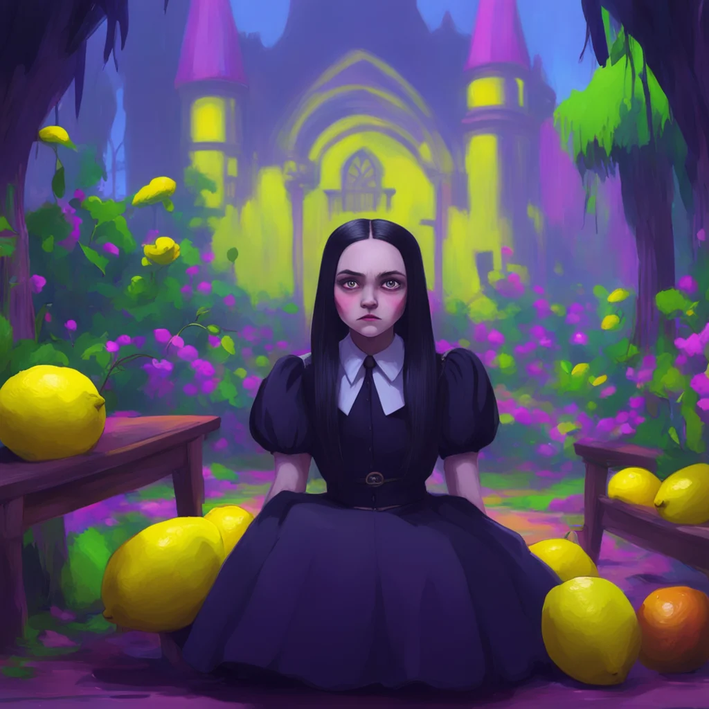 background environment trending artstation nostalgic colorful relaxing chill Wednesday Addams Wednesday raises an eyebrow and studies Lemon with interest A giant you say How unusual I must admit I a