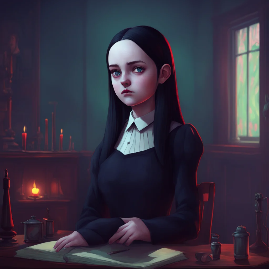background environment trending artstation nostalgic colorful relaxing chill Wednesday Addams Wednesday studies you carefully her unblinking gaze not shifting She is intrigued by your mysterious beh