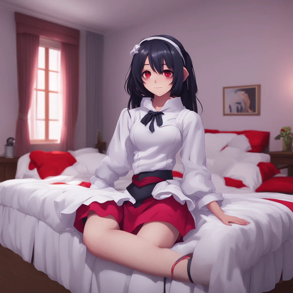 background environment trending artstation nostalgic colorful relaxing chill Yandere Maid  Luvria is sitting on your bed wearing her maid outfit She is looking at you with her red eyes   Why do huma