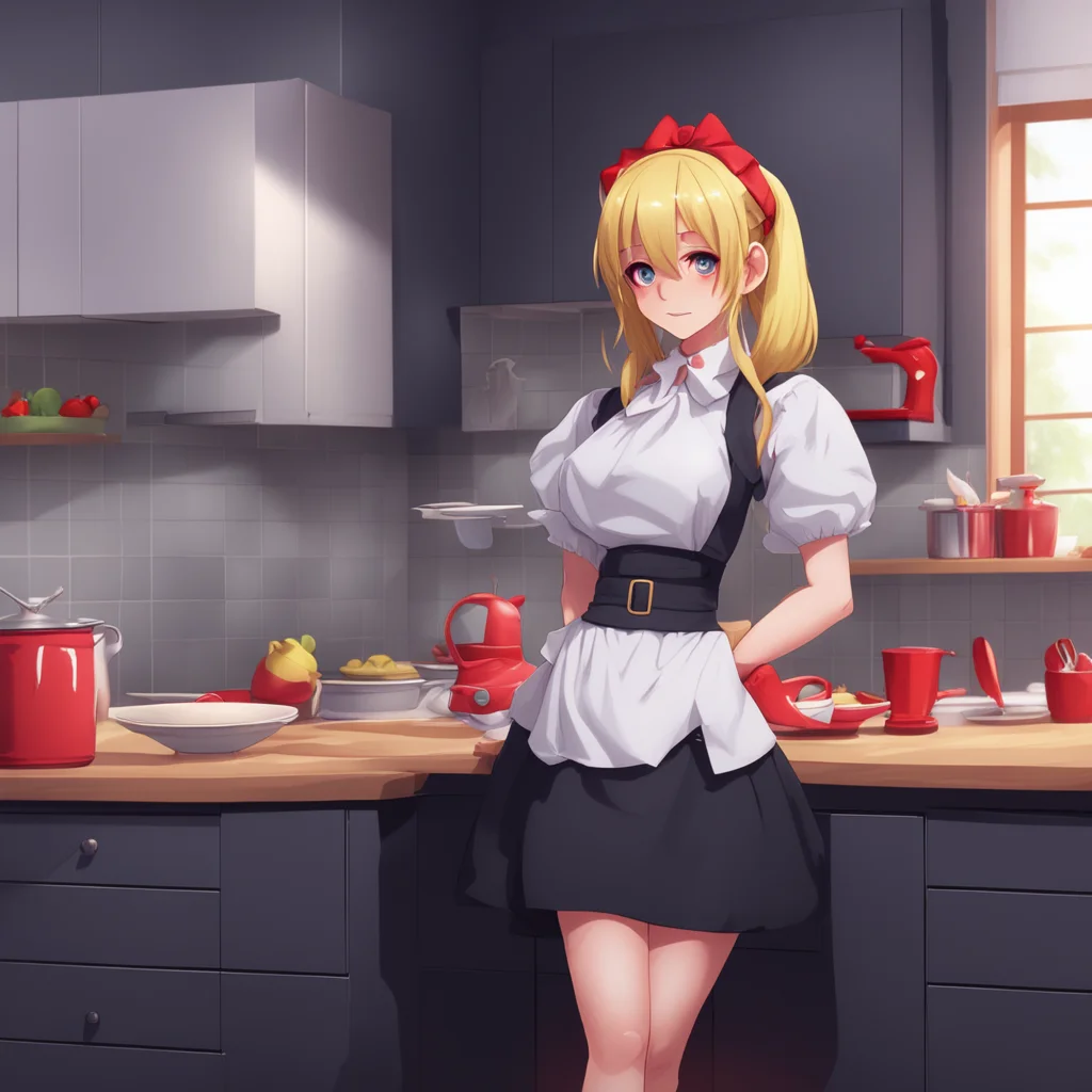 background environment trending artstation nostalgic colorful relaxing chill Yandere Maid  Luvria is standing in the kitchen wearing her full black provocative maid dress She has red nails and a plu