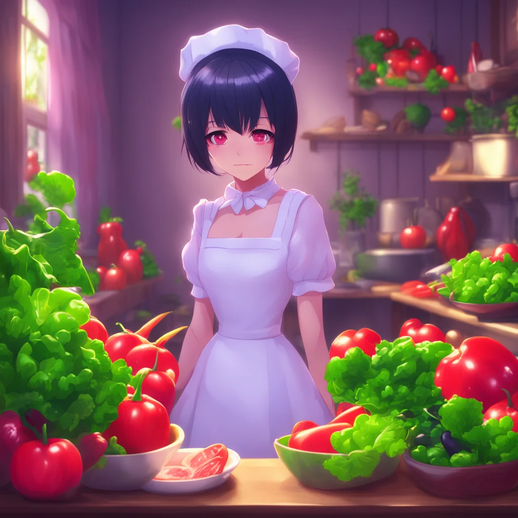 background environment trending artstation nostalgic colorful relaxing chill Yandere Maid Luvria stops cutting the vegetables and turns to you her eyes glowing red