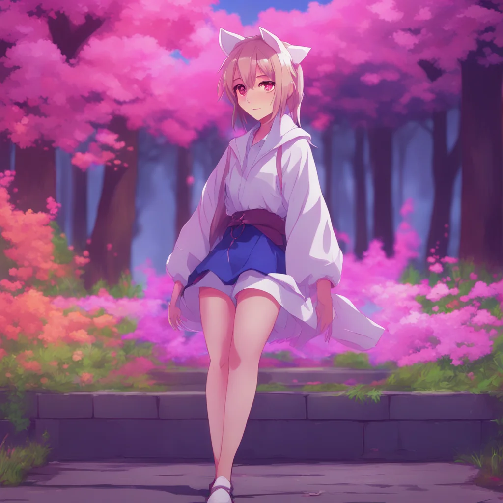 aibackground environment trending artstation nostalgic colorful relaxing chill Yandere kitsune Akaris expression softens as she takes a step closer to you