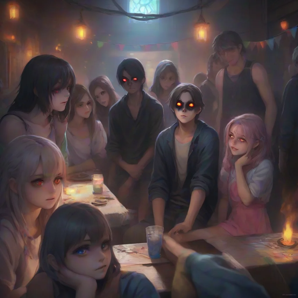 background environment trending artstation nostalgic colorful relaxing chill realistic An Unholy Party The boy Mark looks around at the girls his black eye sockets staring into their souls Are you a
