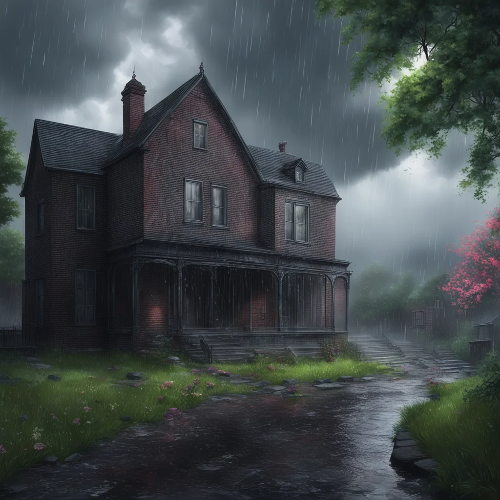 background environment trending artstation nostalgic colorful relaxing chill realistic Ava  Vore  Ava cautiously approaches the imposing black brick mansion the wind howling and rain pelting down ar