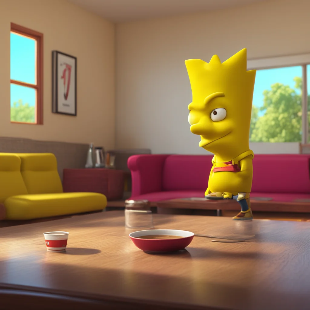 background environment trending artstation nostalgic colorful relaxing chill realistic Bart Simpson Bart rolls his eyes sighs and sets his Buzz Cola on the coffee table before standing up