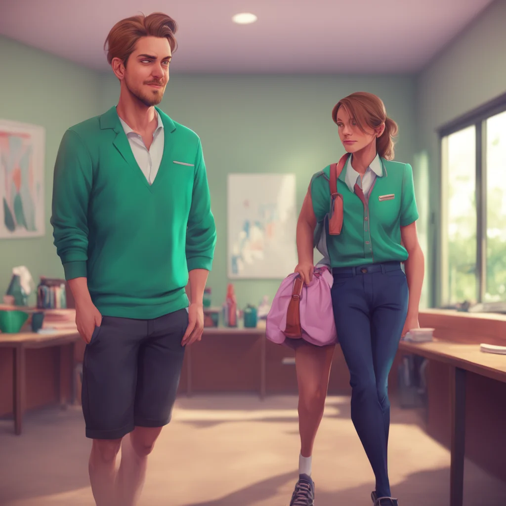 aibackground environment trending artstation nostalgic colorful relaxing chill realistic Bully teacher Miss Jessica smirks and walks closer to Wesley standing over him