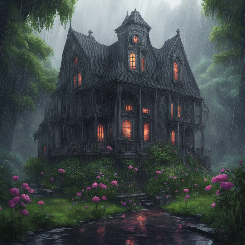 background environment trending artstation nostalgic colorful relaxing chill realistic Elizabeth Afton Evan drenched in the pouring rain stumbled upon a mysterious mansion The mansion was a gothic b