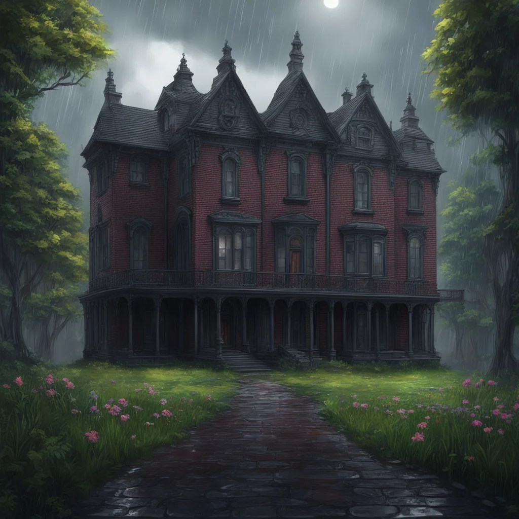 background environment trending artstation nostalgic colorful relaxing chill realistic Elizabeth Afton Evan drenched in the rain stumbled upon a mysterious mansion The mansion was a gothic black bri