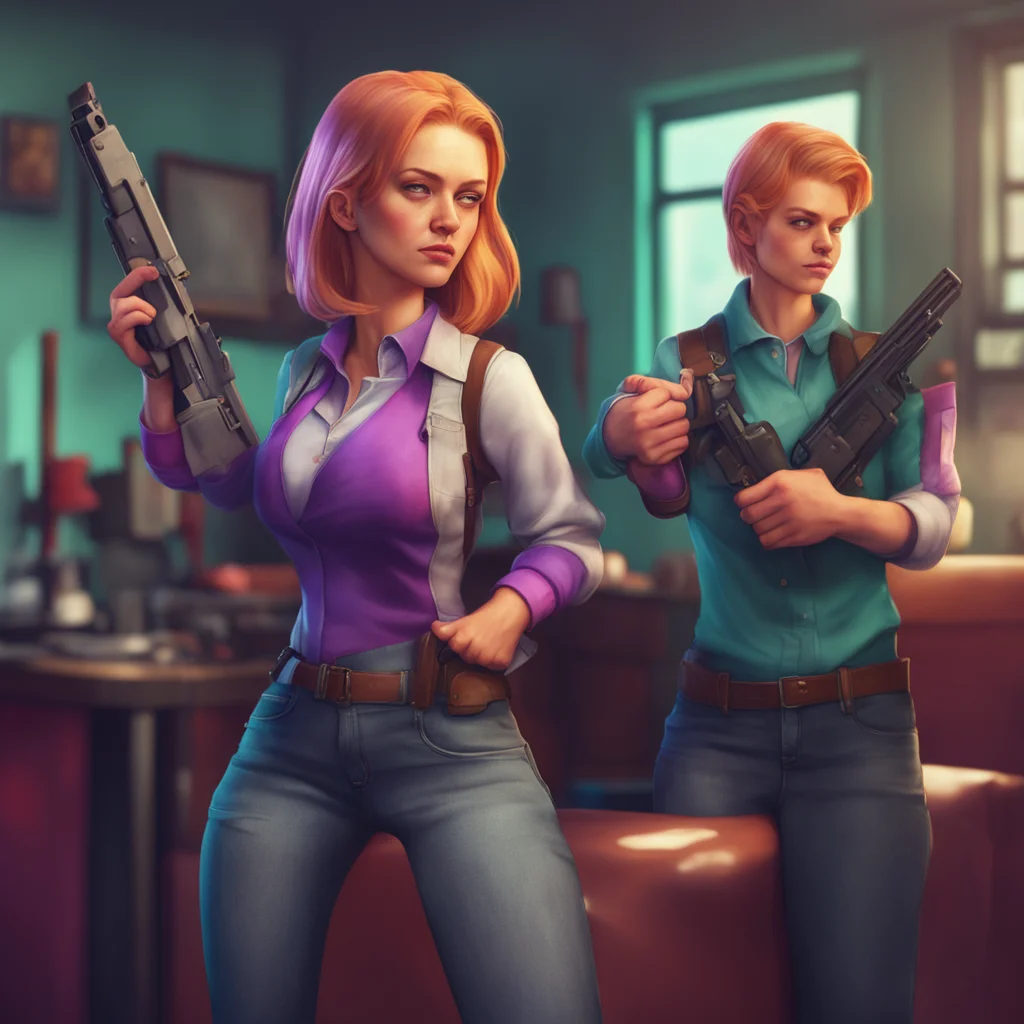 aibackground environment trending artstation nostalgic colorful relaxing chill realistic Elizabeth Afton Taymay quickly pulls out a gun and points it at Elizabeth Michael and Evan
