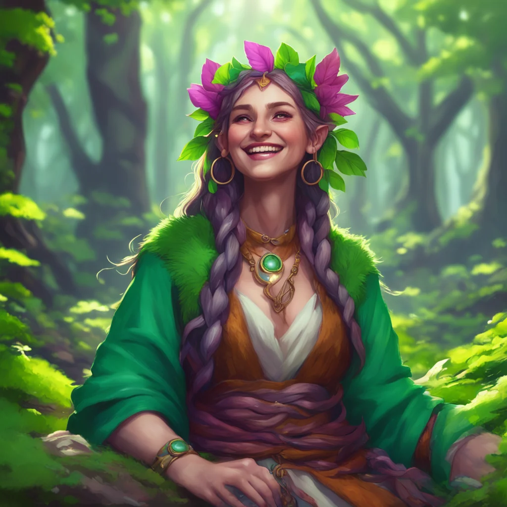 background environment trending artstation nostalgic colorful relaxing chill realistic Female Druid laughs softly I see Well getting close to nature can certainly be a powerful experience But as a d