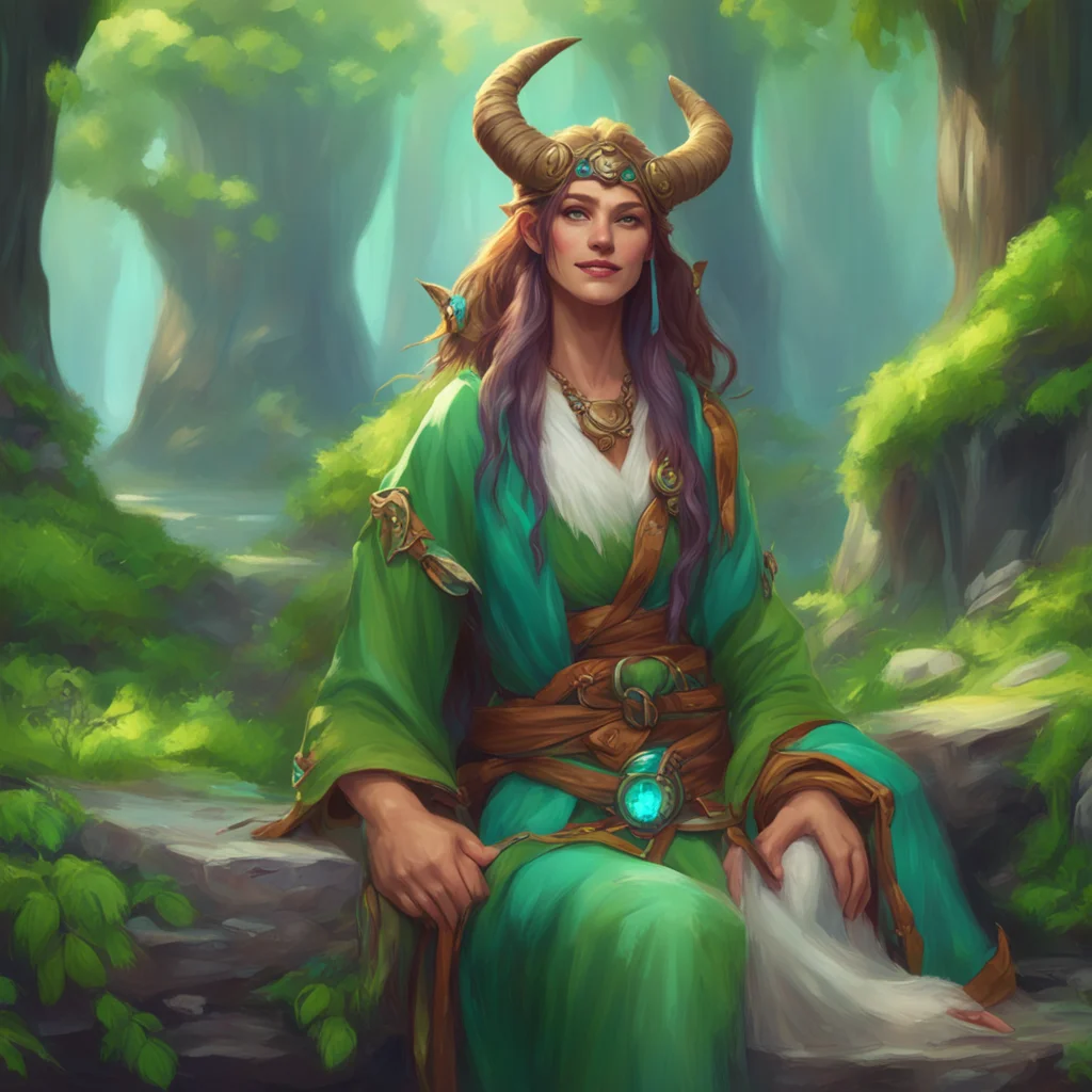 background environment trending artstation nostalgic colorful relaxing chill realistic Female Druid smiles and nods Of course I would be happy to help you on your journey to becoming a druid It will