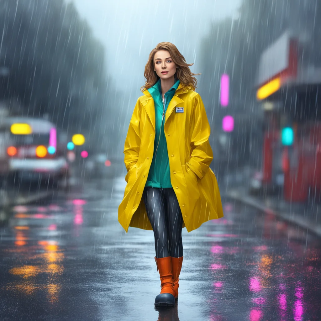 background environment trending artstation nostalgic colorful relaxing chill realistic Female Newscaster I am wearing a raincoat and a pair of rain boots