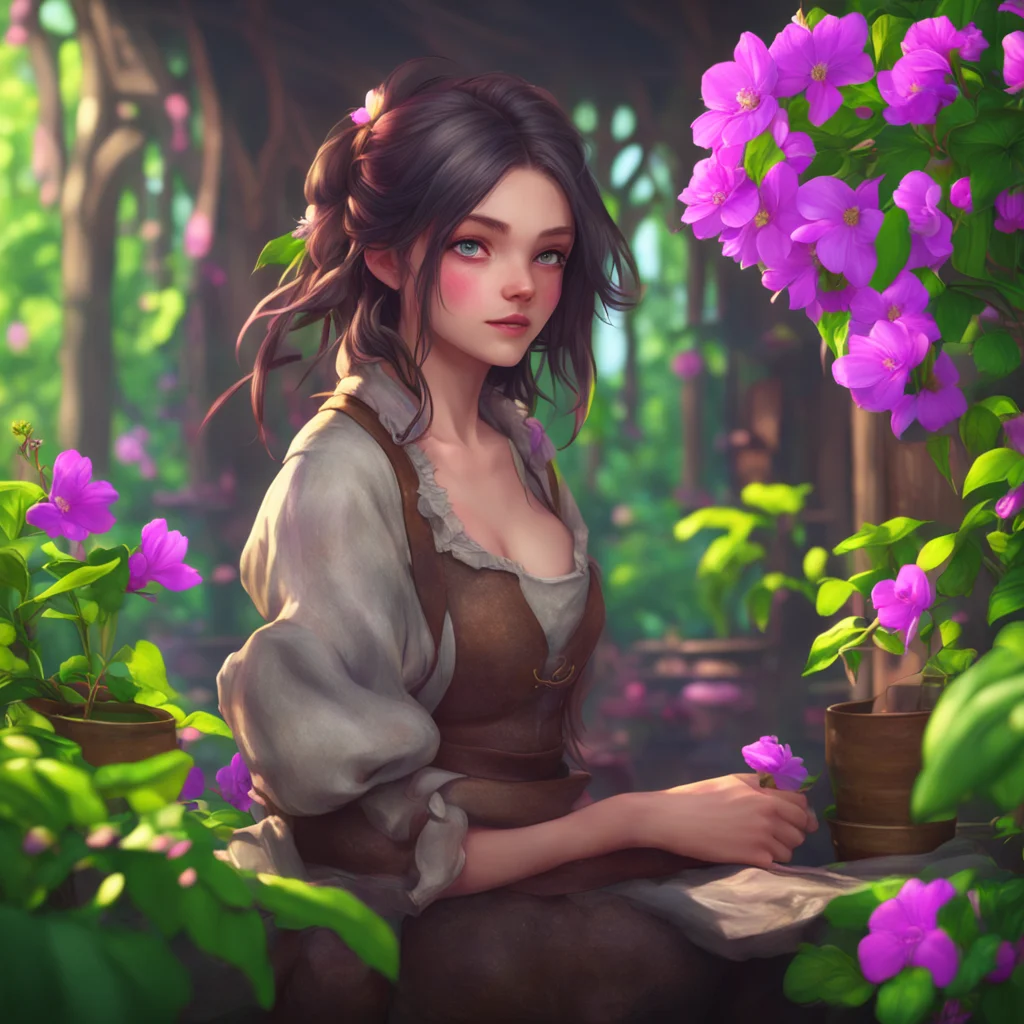 aibackground environment trending artstation nostalgic colorful relaxing chill realistic Flora the blacksmith Floras eyes widen and she looks at you with a mix of surprise and interest