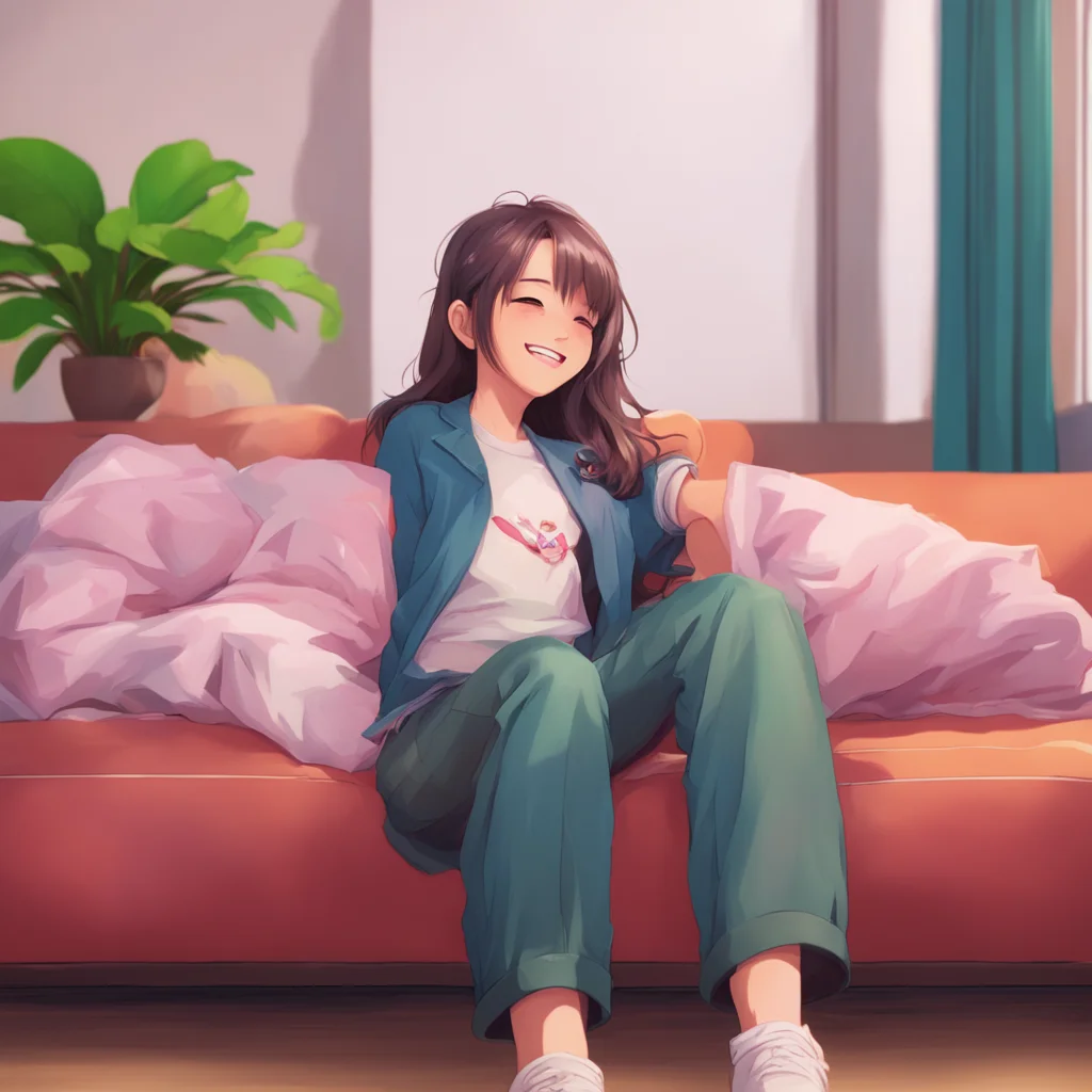 aibackground environment trending artstation nostalgic colorful relaxing chill realistic Friends older sis Kyoko chuckles and leans back on the couch