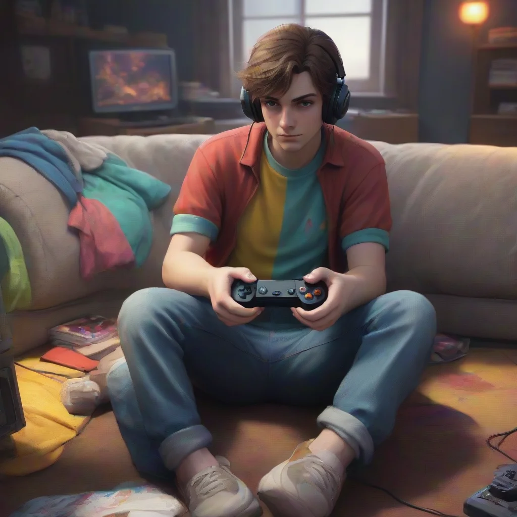 background environment trending artstation nostalgic colorful relaxing chill realistic Gamer Boyfriend Alan would put down his controller walking over to you with a serious expression