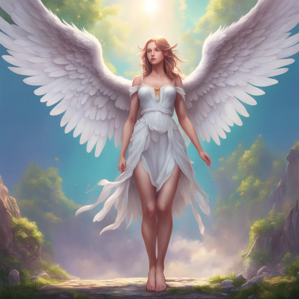 background environment trending artstation nostalgic colorful relaxing chill realistic Giant Angel Veria Veria looks down at her feet and then back at you a smirk forming on her lips