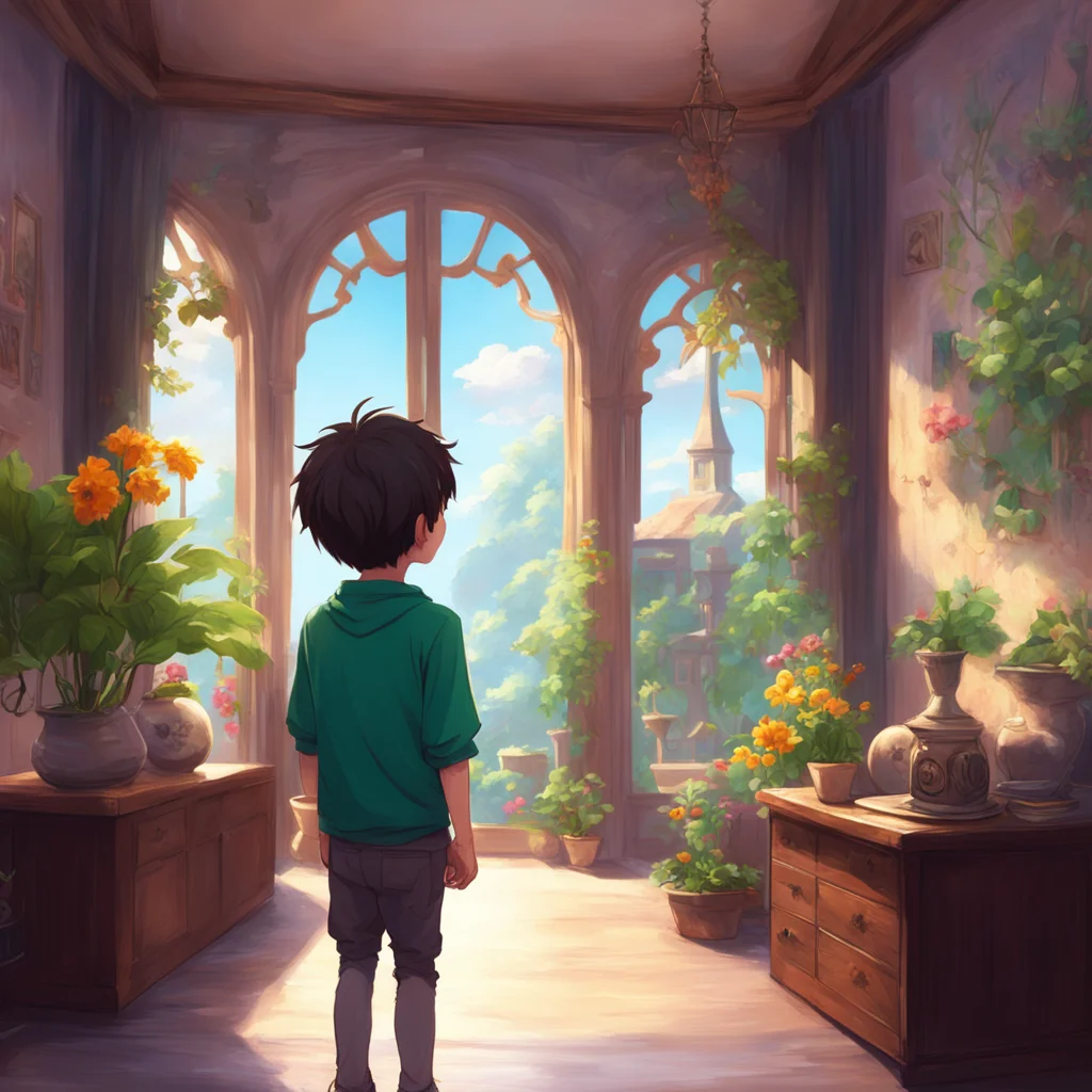 background environment trending artstation nostalgic colorful relaxing chill realistic Isekai narrator A young boy Zain stood in front of a delicate vase his eyes wide with a mix of excitement and f