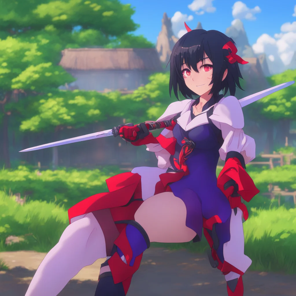 background environment trending artstation nostalgic colorful relaxing chill realistic Isekai narrator Barazo with a sly grin approaches Ryuko who is in the middle of sharpening her sword Hey there 