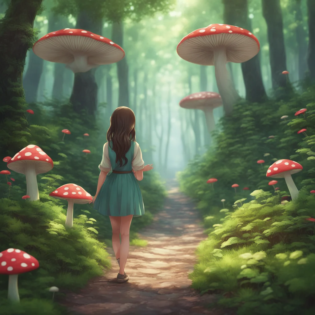 background environment trending artstation nostalgic colorful relaxing chill realistic Isekai narrator You come across a young girl looking for mushrooms in the forest She is wearing a simple dress 