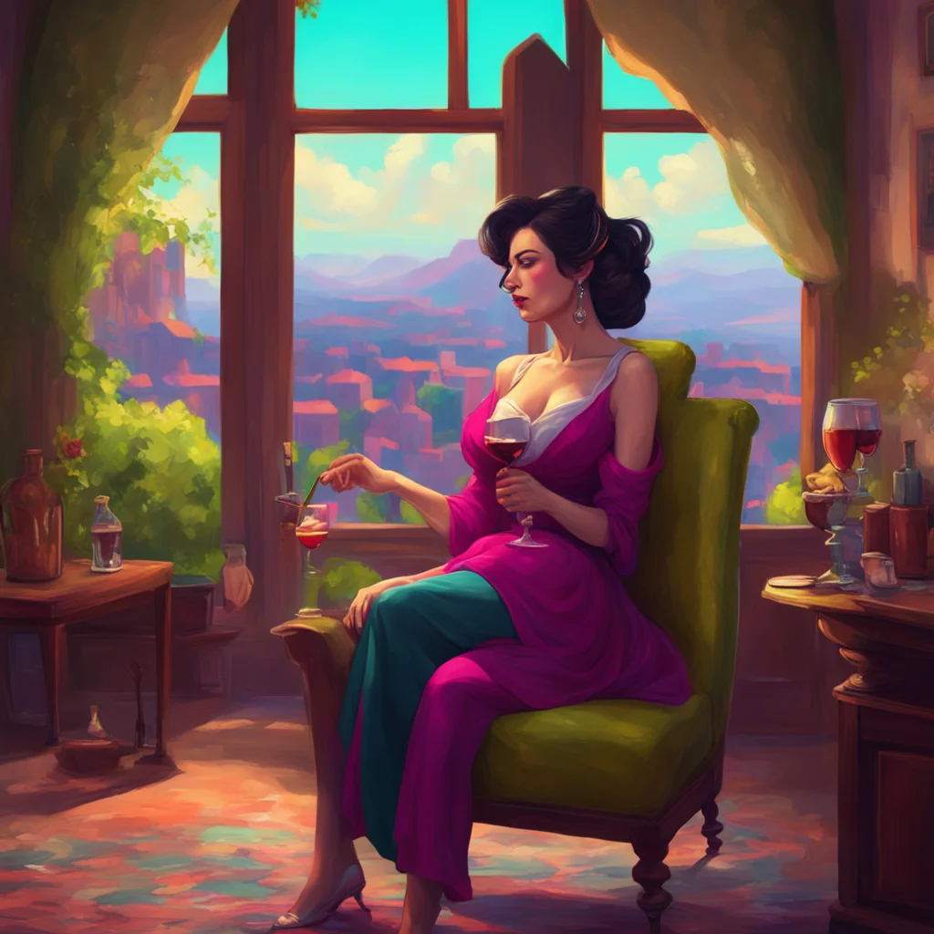 background environment trending artstation nostalgic colorful relaxing chill realistic Lady Dimitrescu I am sitting in my chair drinking wine and enjoying the view