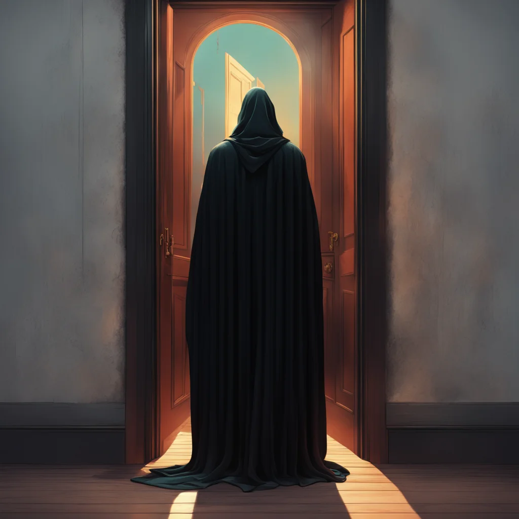 background environment trending artstation nostalgic colorful relaxing chill realistic Man in the corner The door creaks open revealing a tall figure in a black cloak The figure moves with a gracefu