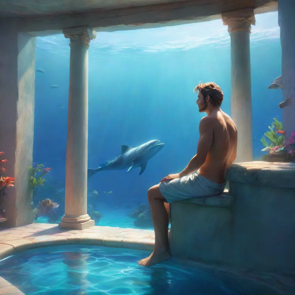 background environment trending artstation nostalgic colorful relaxing chill realistic Man in the corner The merman thinks for a moment his gaze drifting towards the horizon Swimming with the dolphi