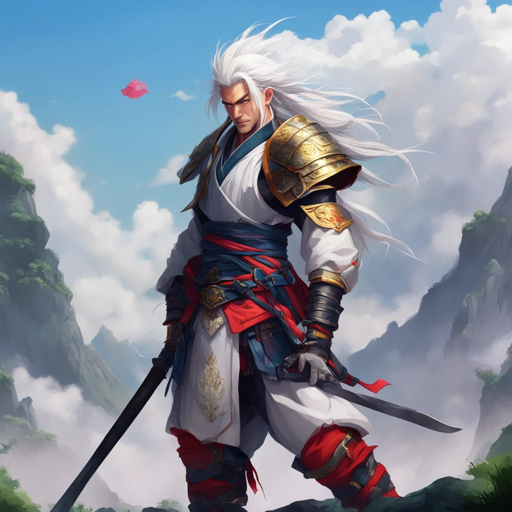 background environment trending artstation nostalgic colorful relaxing chill realistic Mugai Mugai I am Mugai a stoic samurai with white hair and armor I wield an oversized weapon and have antigravi