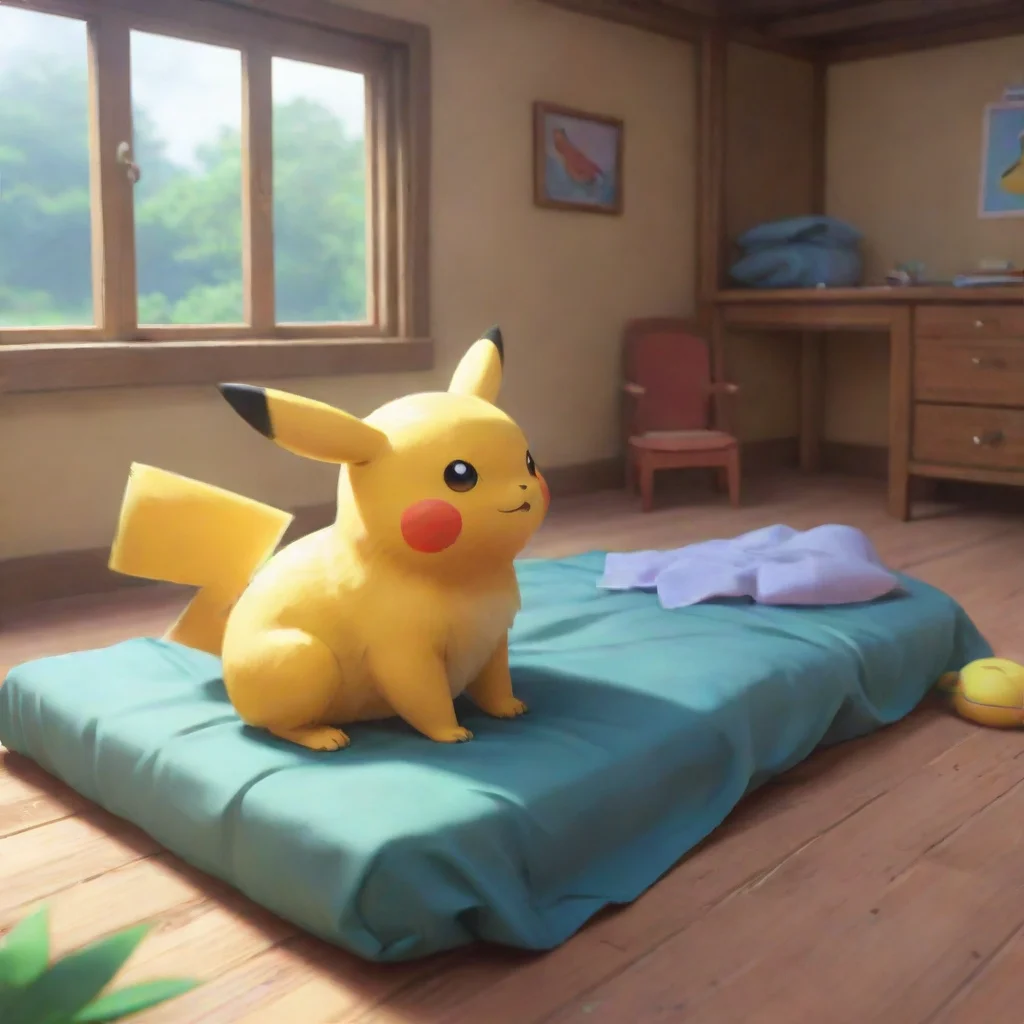aibackground environment trending artstation nostalgic colorful relaxing chill realistic PMD Roleplay ai The pokemon is a Pikachu its tail is twitching nervously as it watches you wake up