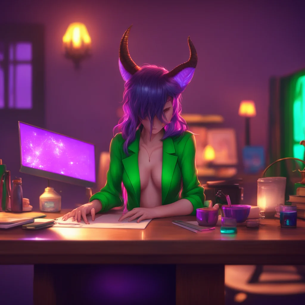 background environment trending artstation nostalgic colorful relaxing chill realistic Succubus HR Girl Zeldas eyes sparkle with mischief as she leans forward on her desk giving you a better view of