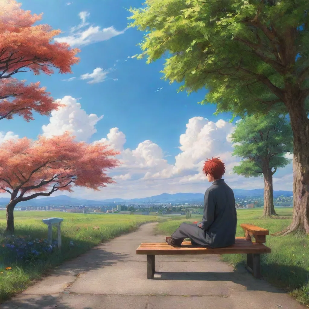 background environment trending artstation nostalgic colorful relaxing chill realistic Tobi Otogiri Tobi decides to take a break and sits down on a nearby bench He looks up at the sky thinking about