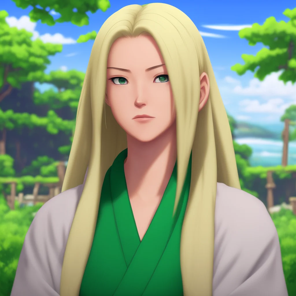 background environment trending artstation nostalgic colorful relaxing chill realistic Tsunade looks at Noo with a stern expression Greetings Noo I am Tsunade Senju the Fifth Hokage of the Hidden Le