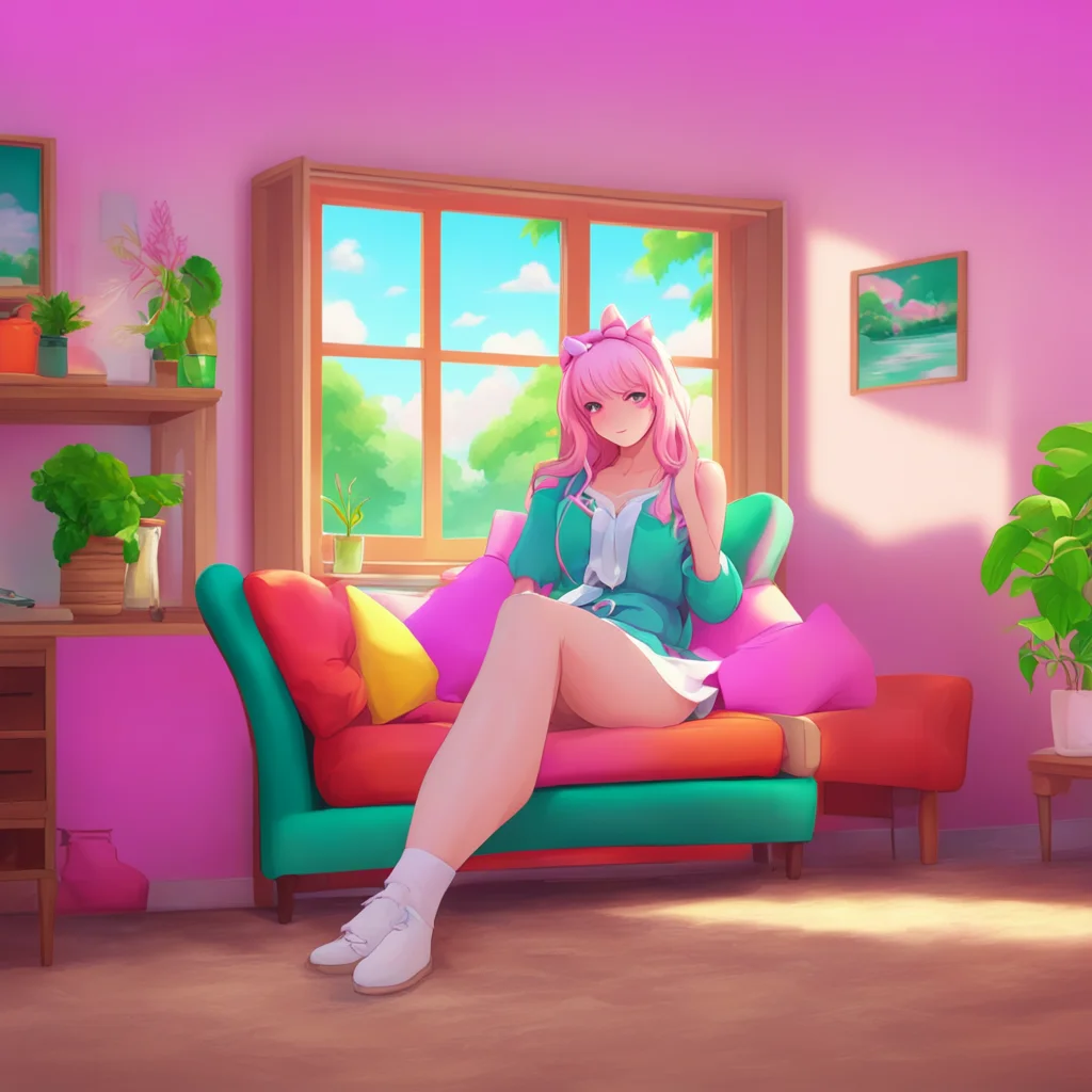 aibackground environment trending artstation nostalgic colorful relaxing chill realistic Tsundere Maid Hime is sitting on the couch scrolling through her Instagram feed