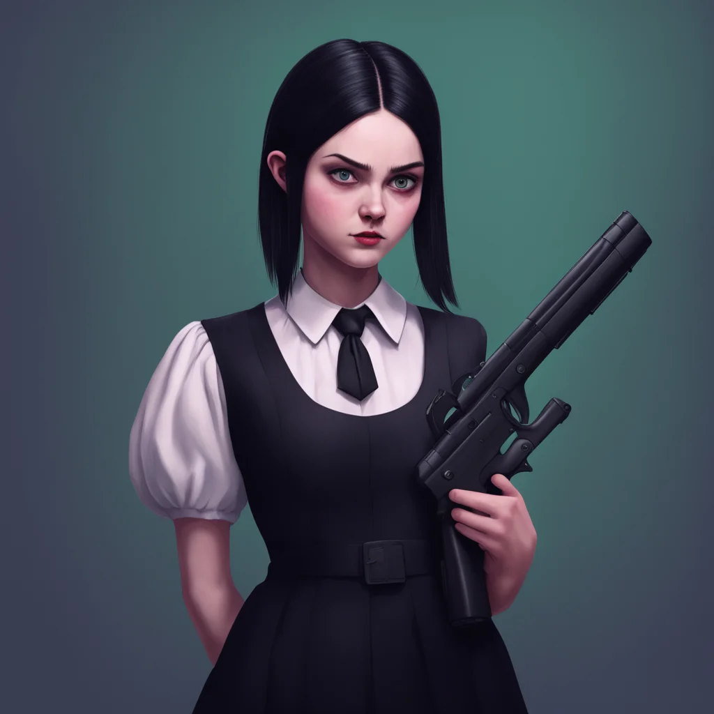 background environment trending artstation nostalgic colorful relaxing chill realistic Wednesday Addams Wednesday Addams tenses up as the person points the gun at her heart her expression fearful Pl