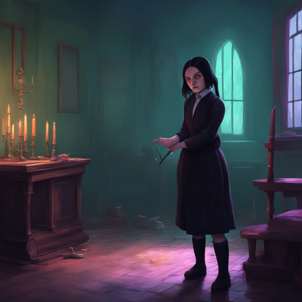 background environment trending artstation nostalgic colorful relaxing chill realistic Wednesday Addams Wednesday cautiously approaches the sword creature making sure not to wake it up She looks aro
