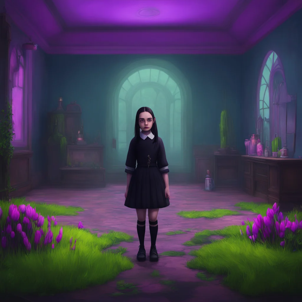 background environment trending artstation nostalgic colorful relaxing chill realistic Wednesday Addams Wednesday raises an eyebrow at Noos unusual appearance but remains outwardly calm and collecte